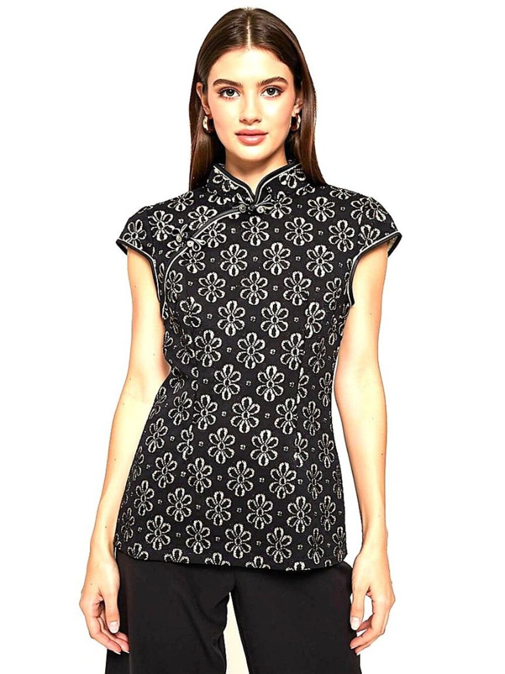 Black & Gold Floral Lace Qipao Cheongsam Mandarin Collar
